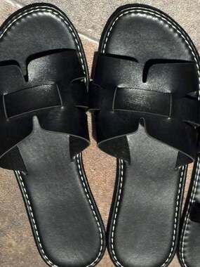 Two-Pair Set: Black H-Cutout Slide Sandals and Braided Strappy Ankle-Strap Flat